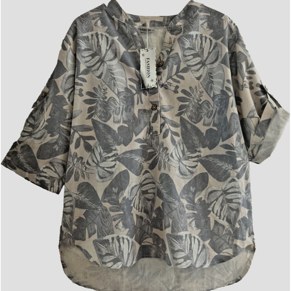 Womens L Ivory Floral Print Cotton Henley Blouse Shirt 3/4 Sleeve Tunic Boxo